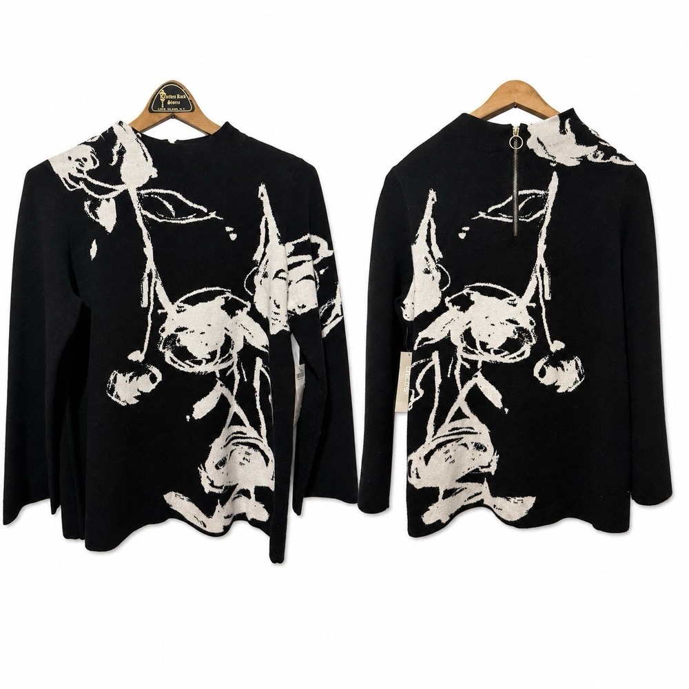 NWT Chico's Size 1 M Abstract Floral Sweater Black White Mock Neck Art To Wear